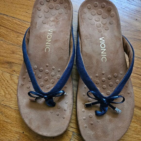 Vionic Blue and Brown Sandals with Bow Accents - Picture 1 of 12